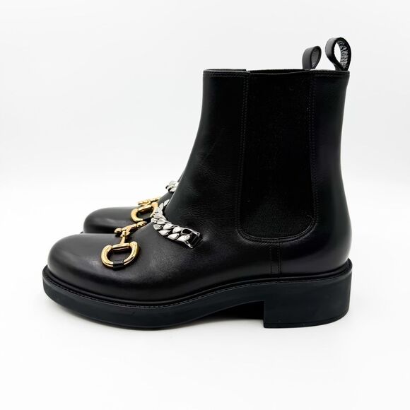 Gucci Deva Horsebit Chain Ankle Boots Combat Black Leather EU 41 US 11 - Picture 5 of 10